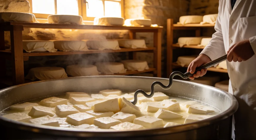 como se fabrica queso, Quesero cortando el grumete en una quesería artesanal con grandes moldes de queso curándose al fondo