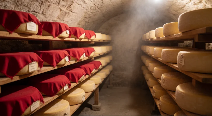 como se fabrica queso, Cámara de maduración con ruedas de queso curándose en estantes de madera bajo bóveda de piedra