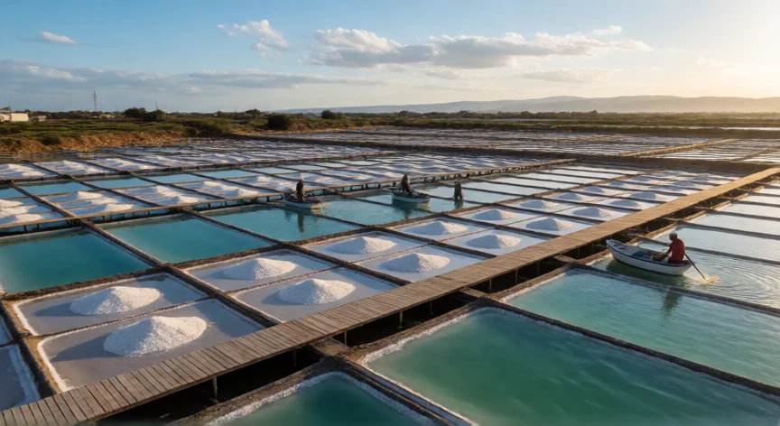 Lagunas de evaporación solar para producción de sal marina vistas desde el aire