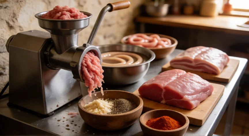 Molino de carne y especias en una lonza artesanal durante la fabricación de salchichas
