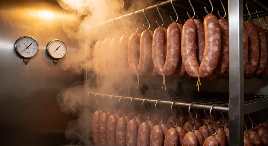 cómo se fabrica salchicha, Salchichas colgadas en cámara de ahumado y curado con humo de madera
