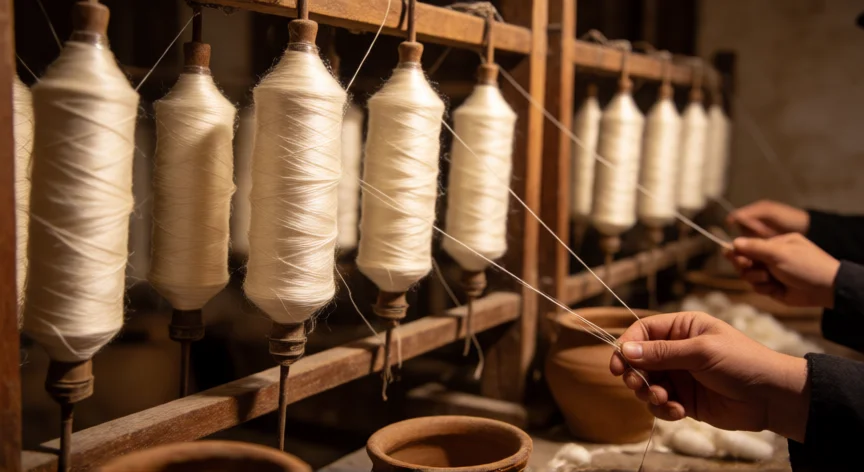 como se fabrica seda, Taller artesanal de hilatura de seda con bobinas y capullos en agua caliente