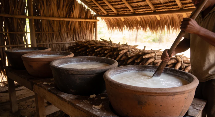 Proceso tradicional de extracción de almidón de tapioca con tanques de agua y raíces de yuca