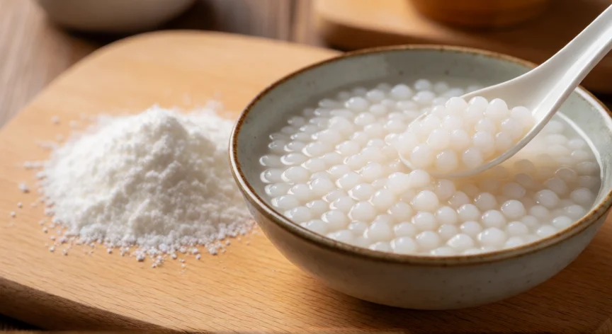 como se fabrica tapioca, Perlas de tapioca cocidas y harina de tapioca sobre tabla de madera