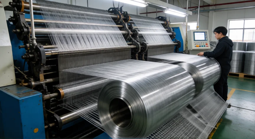 Telar industrial de malla metálica en funcionamiento dentro de una fábrica