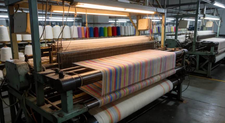 como se fabrica tela, Telar industrial en funcionamiento tejiendo hilos de algodón de colores en una fábrica textil