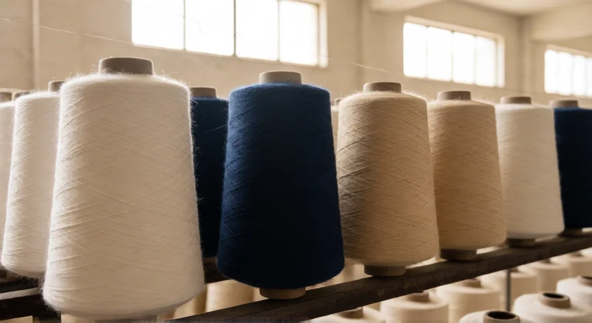 como se fabrica tela, Conos de hilo de algodón hilado en distintos colores sobre un soporte metálico en una hilatura