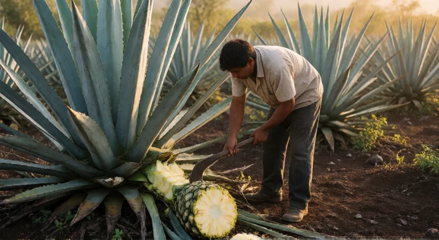 Jimador cosechando la piña de un agave azul en Jalisco con una coa