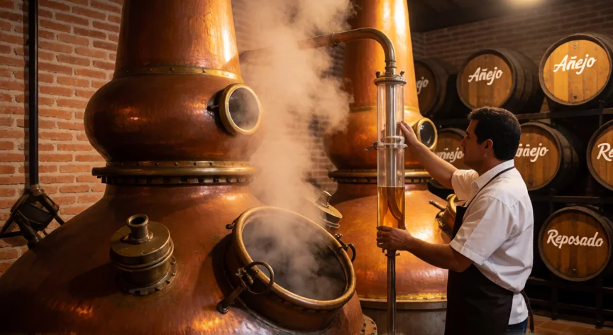 como se fabrica tequila, Alambique de cobre en una tequilería durante la doble destilación