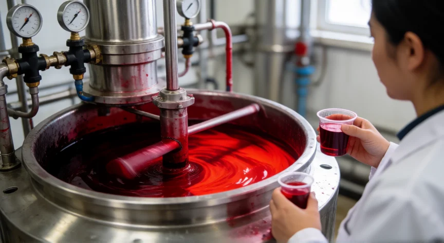 como se fabrica tinta, Tanque industrial de mezcla de tinta con agitador en marcha, vista realista de planta de fabricación.