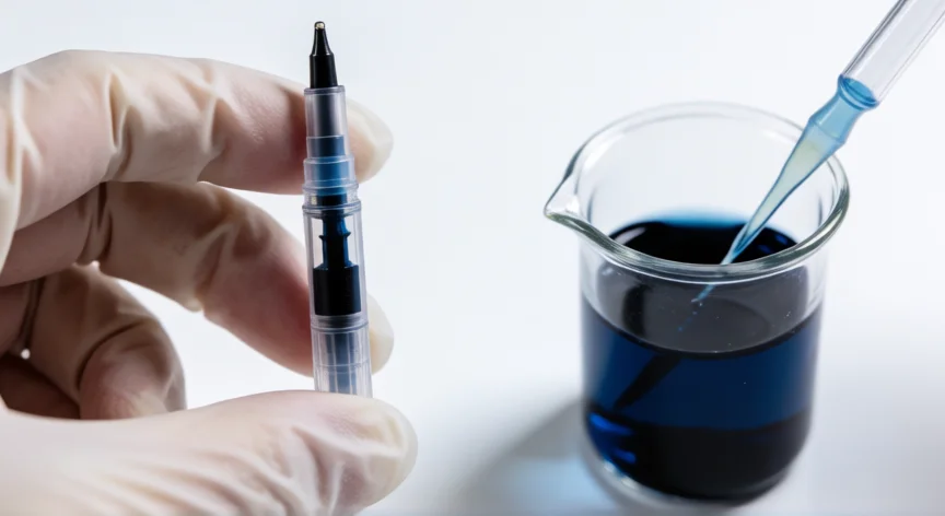 como se fabrica tinta, Cartucho de bolígrafo en corte transversal mostrando la tinta interior sobre mesa de laboratorio.