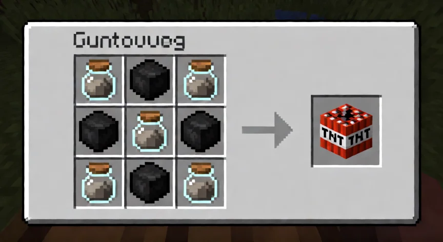 como se fabrica tnt en minecraft, Receta de TNT en la mesa de trabajo de Minecraft con polvo de bala y carbón