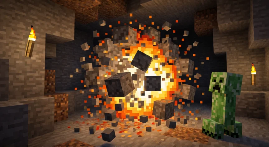 como se fabrica tnt en minecraft, Explosión de TNT activada por redstone en una cueva de Minecraft