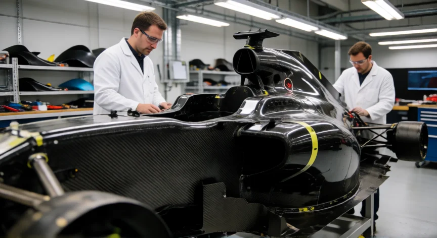 como se fabrica un auto de formula 1, Asamble del monocasco de fibra de carbono de un monoplaza de Formula 1 en la fabrica
