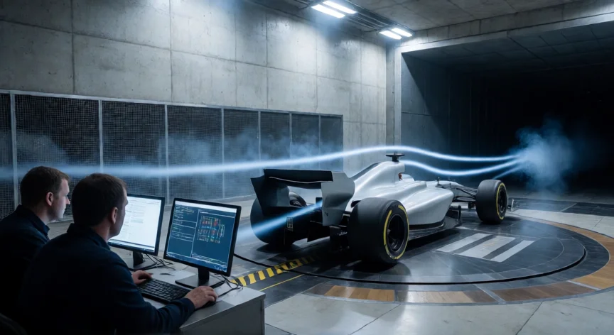 como se fabrica un auto de formula 1, Modelo a escala de un coche de Formula 1 en un tunel de viento con lineas de humo aerodinamico
