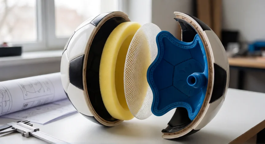 cómo se fabrica un balón de fútbol, Vista explodida de las capas internas de un balón de fútbol: carcasa PU, espuma, malla y vejiga de butilo