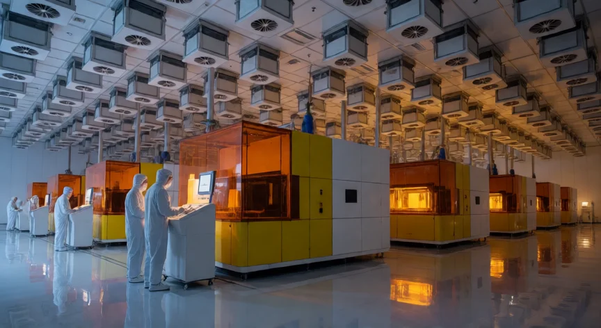 como se fabrica un chip, Interior de una sala limpia de fabricación de chips con equipos de fotolitografía EUV