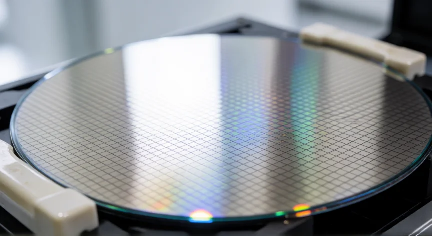 como se fabrica un chip, Oblea de silicio de 300 mm con dies visibles bajo inspección en laboratorio