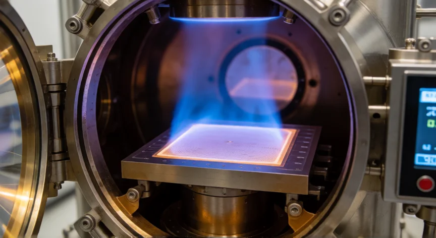 como se fabrica un diamante de laboratorio, Interior de un reactor CVD con sustrato y crecimiento de diamante bajo plasma azul