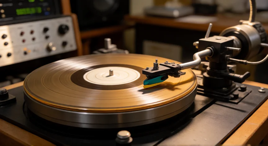 como se fabrica un disco de vinilo, Torno de corte grabando surcos en un disco de lacquer durante la fabricación de un vinilo