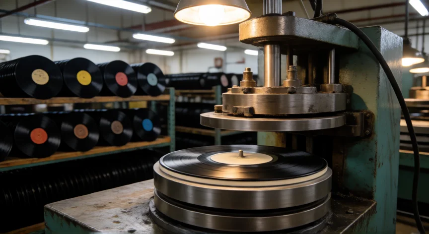 como se fabrica un disco de vinilo, Prensa hidráulica prensando un disco de vinilo entre stampers metálicos en una fábrica
