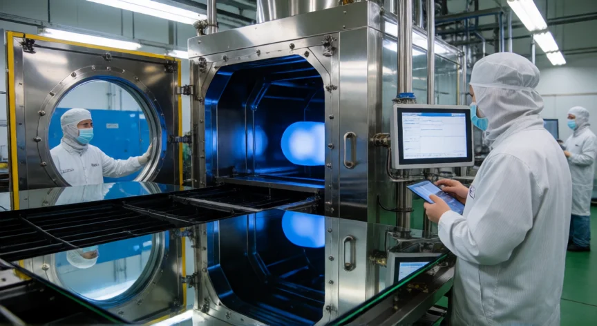como se fabrica un espejo, Cámara de vacío de deposición de aluminio sobre láminas de vidrio en una fábrica de espejos