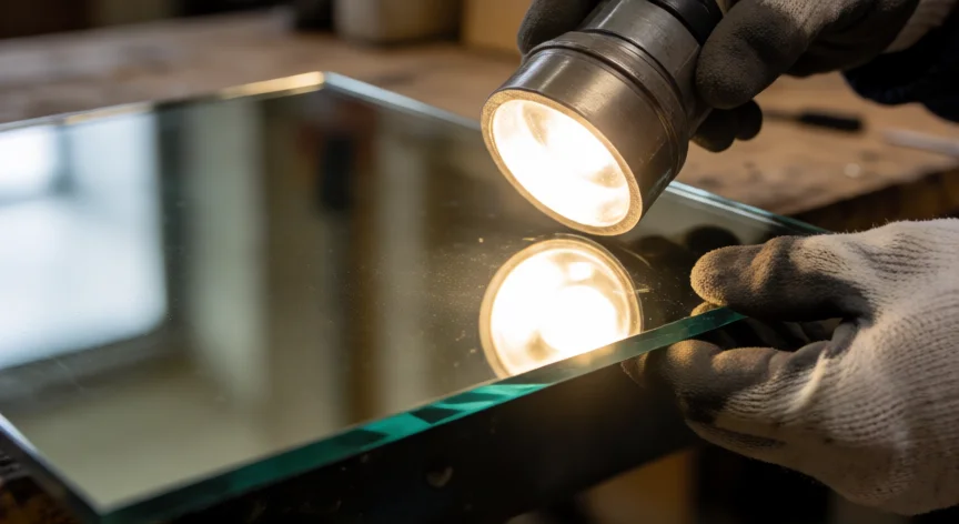 como se fabrica un espejo, Inspección de la superficie pulida y recubierta de un espejo con luz rasante