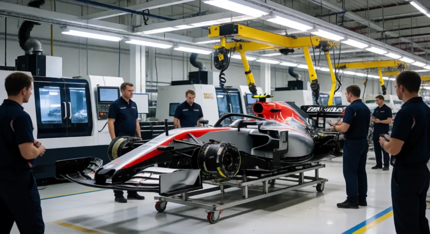 como se fabrica un formula 1, Línea de ensamblaje de un monoplaza de Fórmula 1 en la fábrica del equipo