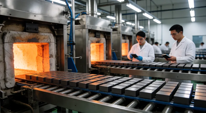 como se fabrica un iman, Fábrica de fabricación de imanes con horno de sinterizado y piezas metálicas en proceso