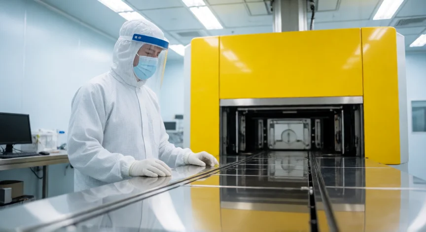 como se fabrica un microchip, Técnico en sala limpia junto a una máquina de fotolitografía EUV en una fab de semiconductores