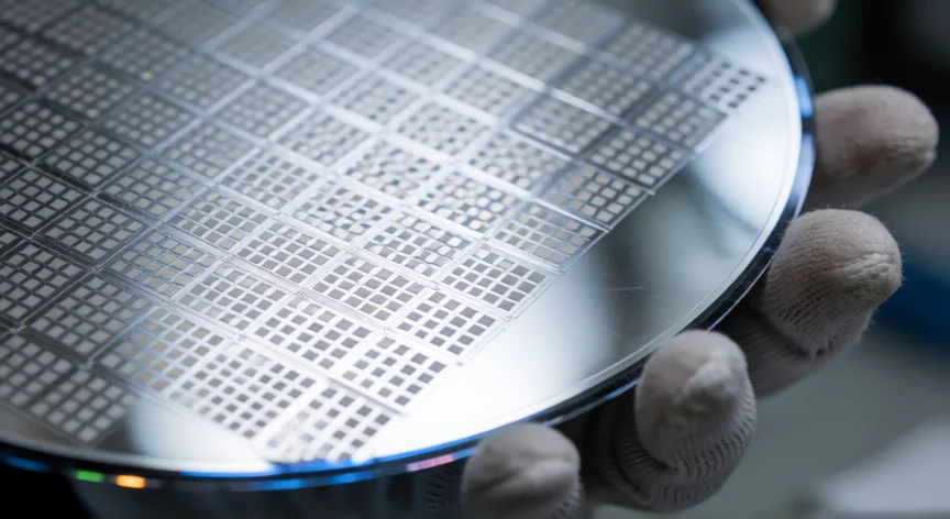 como se fabrica un microchip, Wafer de silicio de 300 mm con cientos de chips individuales visibles en superficie