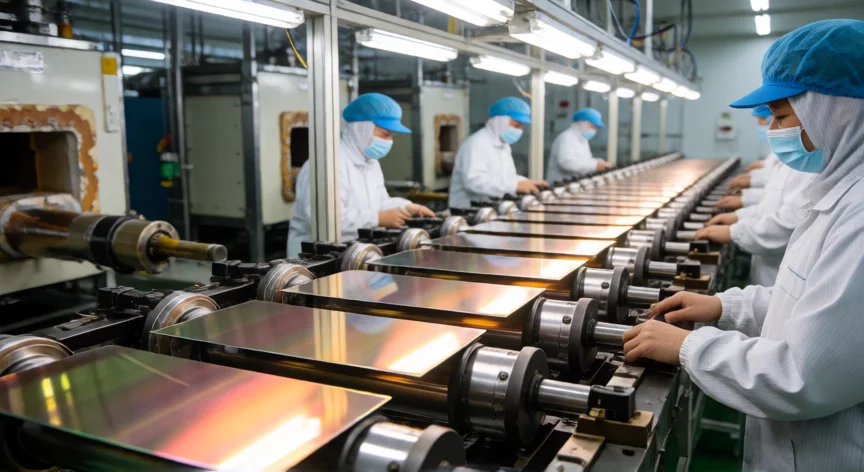 Proceso de corte de obleas de silicio en una fábrica de paneles solares