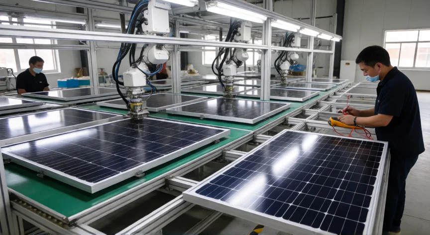 como se fabrica un panel solar, Línea de ensamblaje y laminado de módulos fotovoltaicos en planta industrial