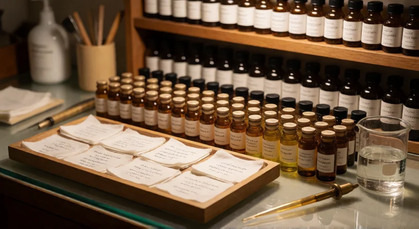 como se fabrica un perfume, Mesa de trabajo del perfumista con frascos de materias primas aromáticas
