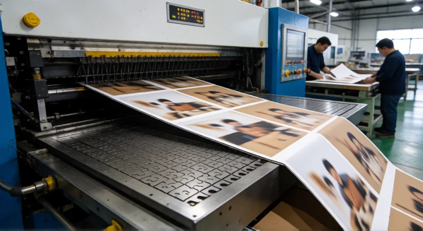Prensa troqueladora industrial cortando láminas de cartón para puzzles