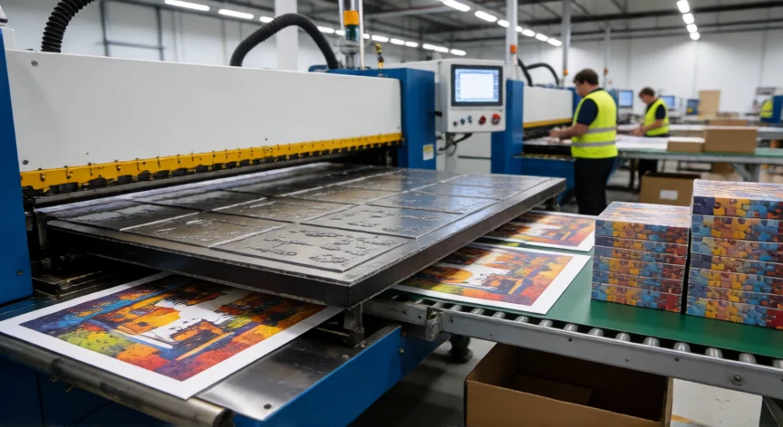 como se fabrica un puzzle de 1000 piezas, Máquina troqueladora industrial cortando piezas de puzzle en una fábrica