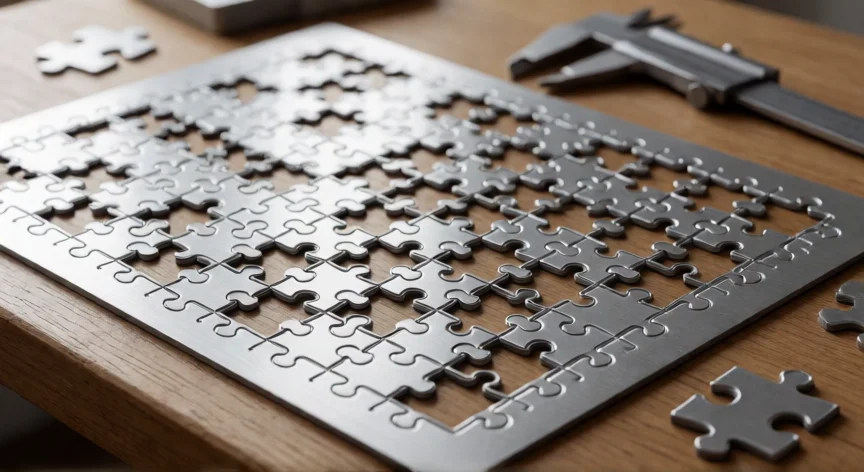 como se fabrica un puzzle de 1000 piezas, Troquel metálico de acero para corte de puzzle de 1000 piezas sobre mesa de trabajo