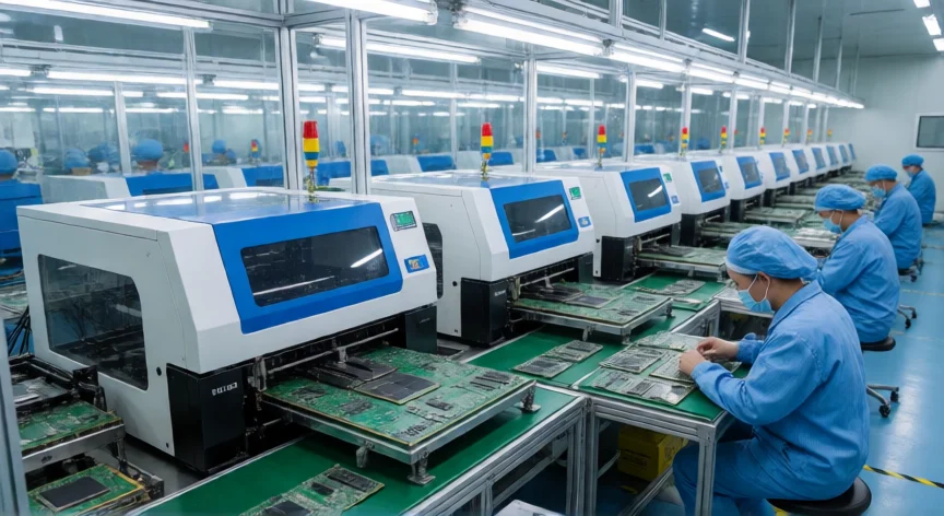 como se fabrica un xbox, Línea de producción SMT en una fábrica de consolas, robots soldando chips en placas base