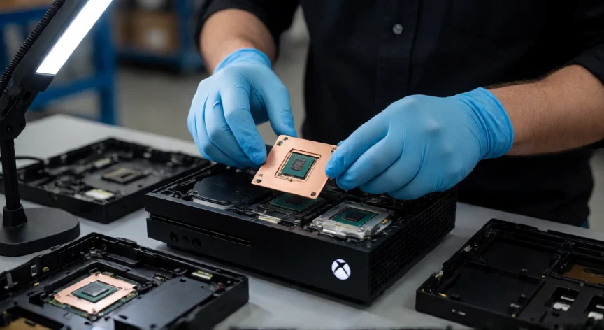 como se fabrica un xbox, Técnico instalando el disipador térmico sobre el chip APU durante el ensamblaje de una Xbox