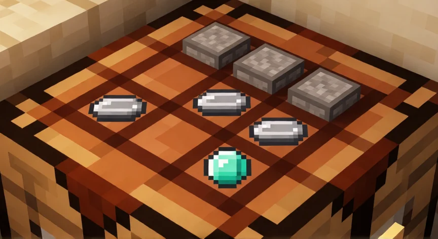 como se fabrica un yunque en minecraft, Receta del yunque en la mesa de crafteo de Minecraft con bloques de hierro y diamante