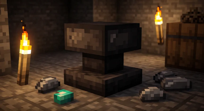 como se fabrica un yunque en minecraft, Yunque de Minecraft colocado en una base subterránea con lingotes de hierro alrededor