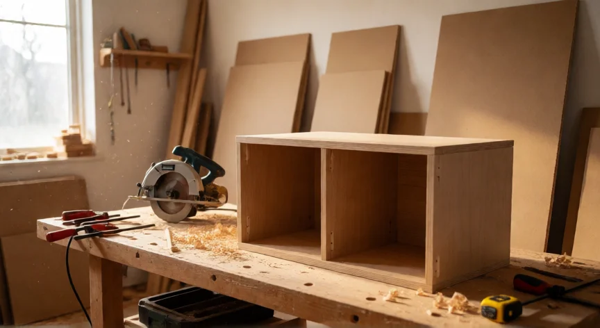 cómo se fabrica un zapatero, Taller de carpintería con un zapatero de MDF en fase de ensamblaje sobre la mesa de trabajo