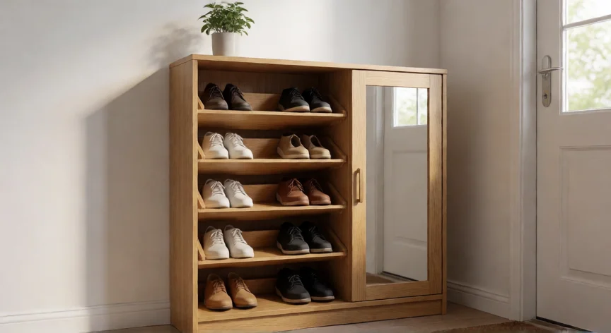 cómo se fabrica un zapatero, Zapatero de madera de roble terminado con estantes inclinados y espejo en el recibidor