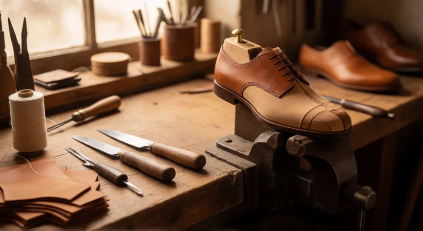 como se fabrica un zapato de cuero, Taller de zapatero artesano con zapato de cuero en horma y herramientas de costura