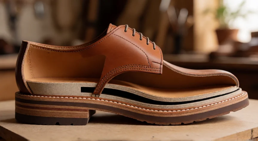 como se fabrica un zapato de cuero, Detalle de la construcción Goodyear welt en suela de zapato de cuero