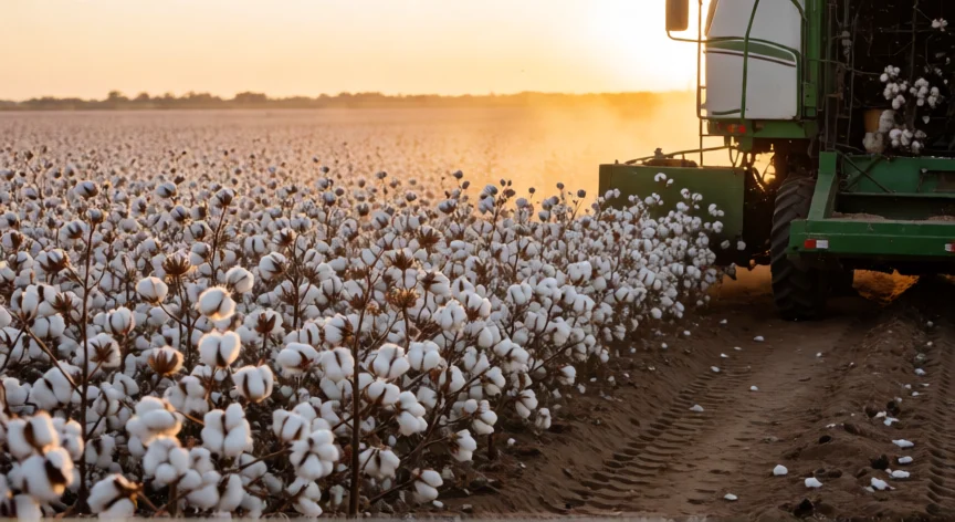 como se fabrica una camiseta de algodon, Campo de algodón en cosecha con maquinaria agrícola al atardecer