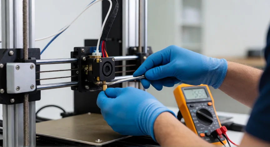 como se fabrica una impresora 3d, Técnico instalando el hotend en una impresora 3D durante el ensamblaje