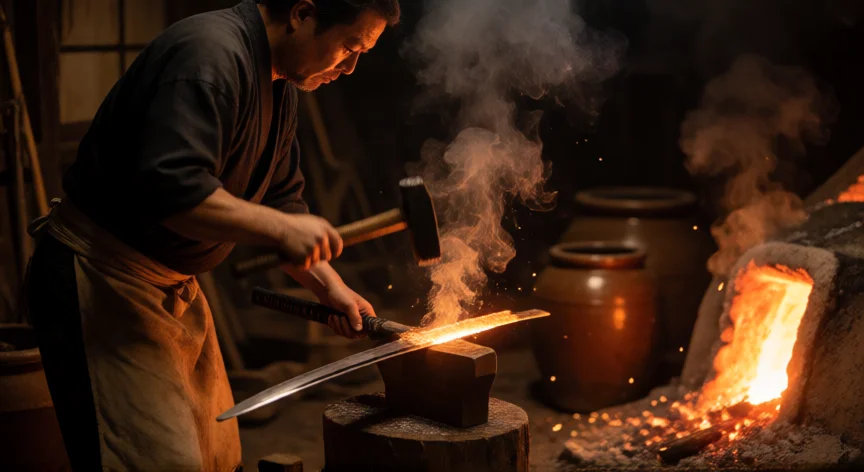 como se fabrica una katana, Forjador japonés trabajando el acero de una katana sobre yunque tradicional