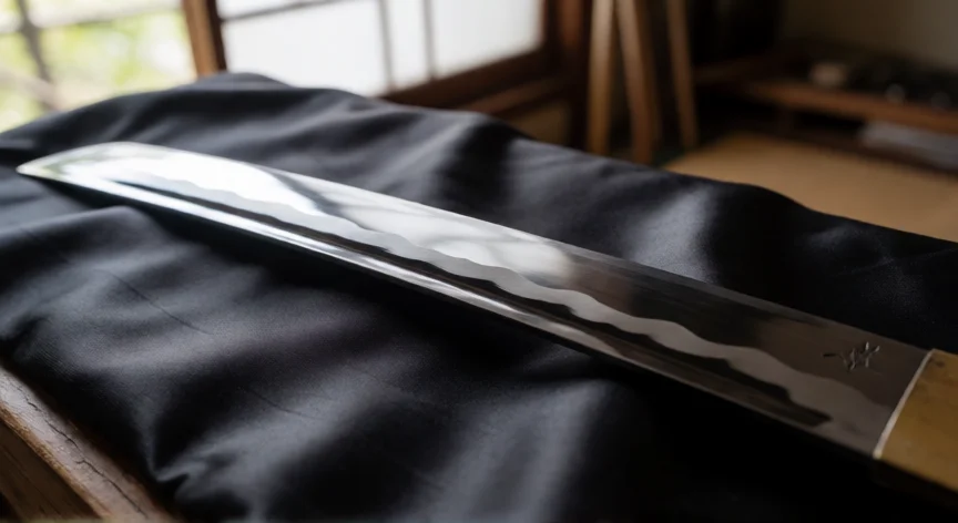 como se fabrica una katana, Detalle del filo y hamon de una katana tradicional sobre tela oscura