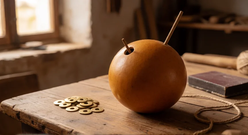Zambomba de calabaza artesanal sobre mesa de taller con arandelas de latón y cordel al lado